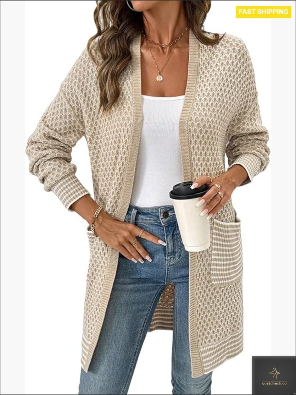Chunky Hexagon Knit Cardigan Sweater Coat Long Sleeve Open Front Casual